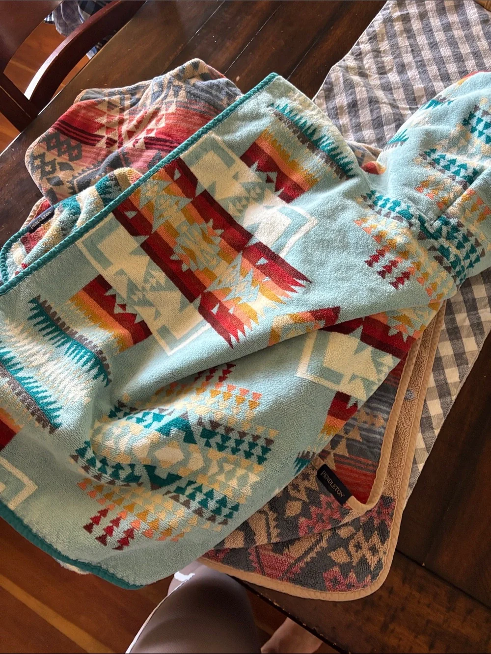 Kids Hooded Poncho Towels - Aqua Tribal Print